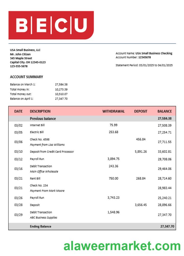 BECU business bank statement Word and PDF format